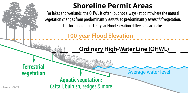 Illustration of a shoreline showing the ordinary high water level and 100-year flood elevation locations.
