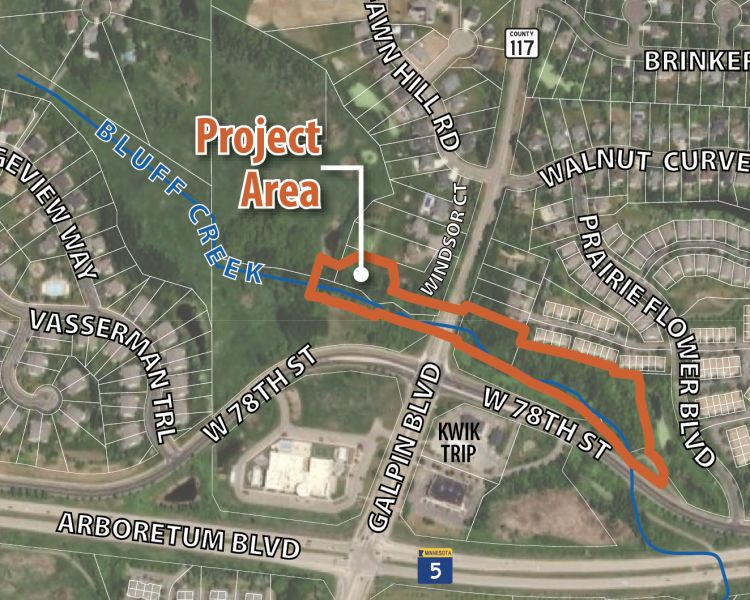Map of project area along Bluff Creek north of Highway 5 and on either side of Highway 41.
